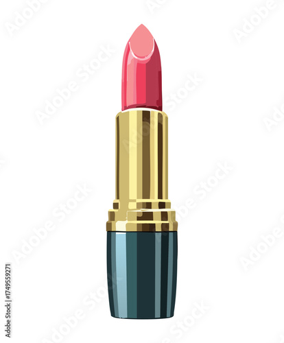 Illustration of a luxurious light pink lipstick in a gold and black tube, extended and highlighted with shimmer