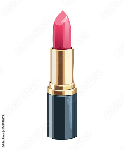 Illustration of a stylish gold and black lipstick tube with the bright pink shade extended, ready for application