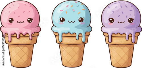 Cute kawaii ice cream cone illustration set with smiling faces, colorful scoops, and sweet pastel design for summer dessert art