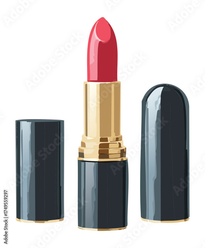 Illustration of a vibrant pink lipstick in its gold and black case, with the cap standing beside the tube