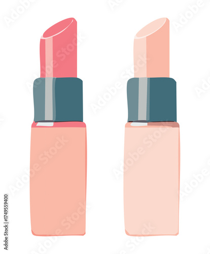 Illustration of a minimalist peach nude lipstick in a square tube with a dark gray base, modern cosmetic packaging design
