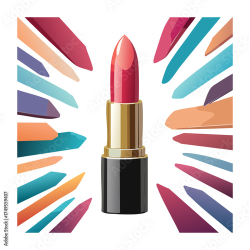 Illustration of a vivid red lipstick in a black case with an abstract background of colorful artistic brush strokes, beauty product
