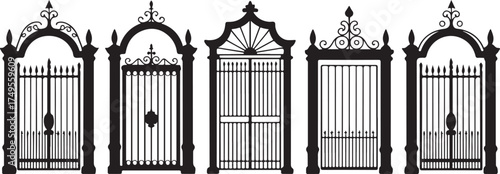 Ornate black metal gates with decorative finials and arches vector