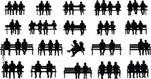 People sitting on park bench silhouette set, couple and friends talking, relaxing outdoor vector illustration, human interaction concept, black and white design