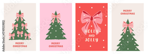 Merry Christmas card set in vintage crayon-style. Features hand-drawn Christmas tree, ribbons, bows, snowflakes, and festive lettering. Minimal cozy design perfect for holiday posters, banners,covers.