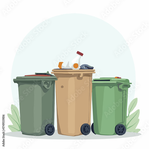 An illustration depicting three distinct waste bins, one overflowing with various recyclable materials, emphasizing waste management.