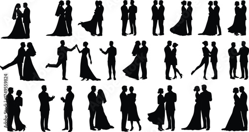 Romantic couple silhouette illustration of bride and groom, wedding dance, love, marriage ceremony, romantic relationship, couple posing and celebrating special moments
