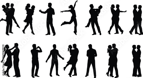 Romantic couple dancing silhouette set, man and woman in love vector illustration, relationship and emotion concept, black and white dance pose art design