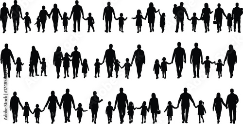 Silhouette collection of families walking together holding hands, parents and children illustration, family unity, love, relationship and togetherness concept design