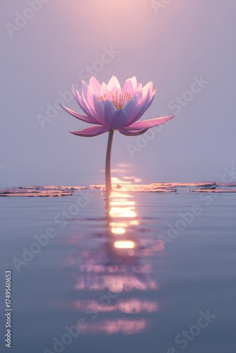 A pink-purple lotus floating above still water under a soft pastel aura, surrounded by mist and calm light — a surreal symbol of peace, mindfulness, and inner healing.