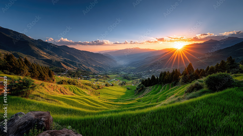 Fototapeta premium Golden sunset bathes Longsheng's lush green rice terraces, casting warm light over stepped fields and misty mountains for a serene, human-free rural landscape