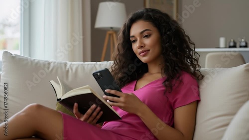 Relaxed Woman Reads Book and Uses Smartphone on Sofa Indoor Realistic Video