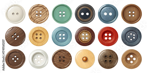 Clothing Buttons Set isolated Buttons of Various Sizes and Materials on Transparent Background