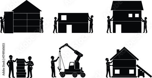 Silhouette construction workers assembling modular house panels, lifting walls with crane, building prefabricated home structure, teamwork in modern residential construction site project