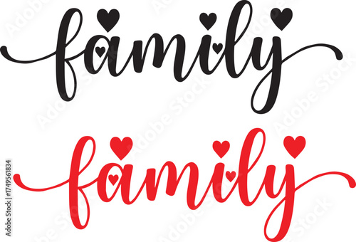 Family script word typography design with hearts isolated vector for print and digital use