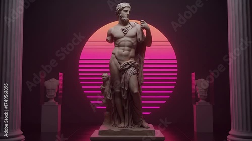 Retro 3D Statue And Columns With Pink Sunset Background