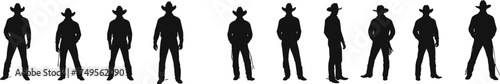 Silhouette cowboy men standing with hats and boots, western style illustration, wild west cowboys posing, country ranch fashion concept design