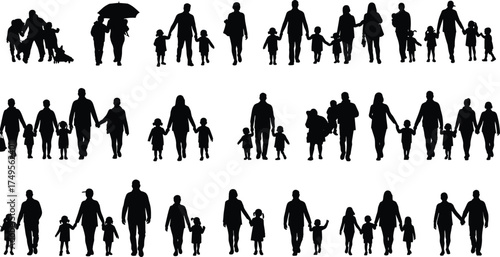 Silhouette illustration of families walking together holding hands, parents with children, family love, unity and togetherness concept design for relationship and bonding