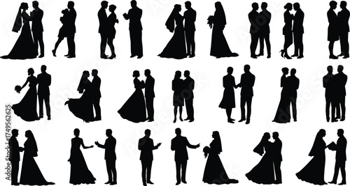Silhouette illustration of wedding couples, romantic bride and groom dancing, holding hands, posing together, love, romance, marriage celebration, wedding ceremony moments