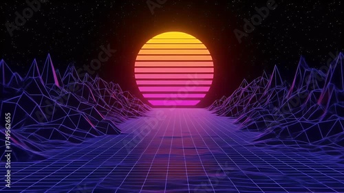 Retro 80s Synthwave 3D Sunset Grid Landscape Background Animation