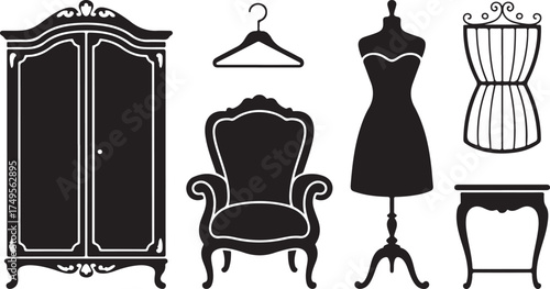 Ornate wardrobe plush armchair dress form hanger small table vector