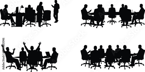 Silhouette of business people working, discussing ideas, having meeting in office, teamwork collaboration concept, corporate success communication, professional workplace environment