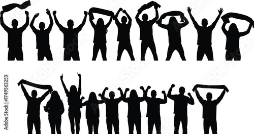 Silhouette of cheering crowd with raised hands and scarves, group of people celebrating victory, sports fans, unity, excitement, joy, and celebration concept