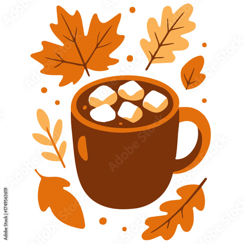 Autumn cozy vector illustration with cup of hot cocoa, marshmallows and fall leaves on white background
