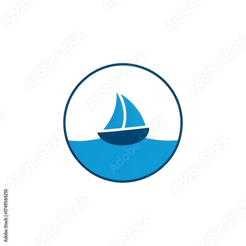 Sailboat icon in blue circle on the sea, minimal nautical symbol