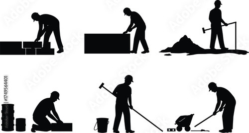 Silhouette of construction workers building walls, paving, digging, and working with tools on construction site, teamwork concept in black illustration