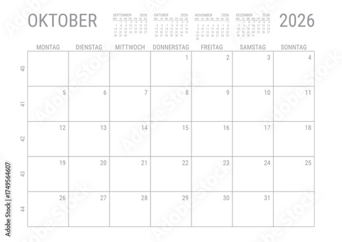 Oktober 2026 Monat Kalender Monatskalender Kalenderblatt Kalendarium mit Kalenderwoche Planer DIN A4 Deutsch	