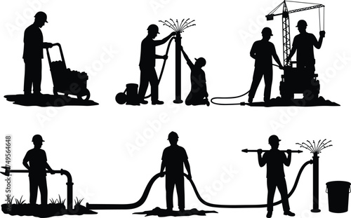 Silhouette of construction workers installing and maintaining water pipeline system, irrigation and plumbing work, teamwork in industrial water supply construction project concept