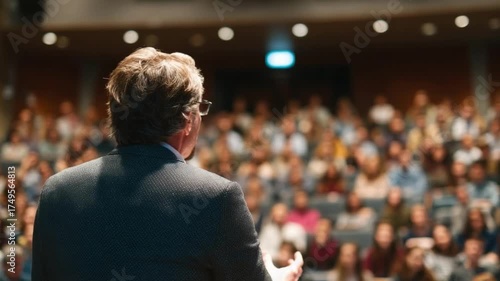 A speaker in a suit addressing a large audience in a conference hall.