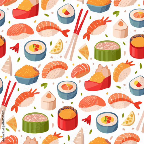 Seamless pattern of various types of sushi on a white background