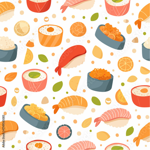 Seamless pattern of various types of sushi and other food items