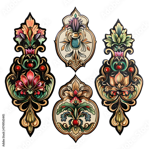 Exquisite ornate decorative elements with vibrant floral motifs and intricate gold detailing, perfect for luxury design projects.