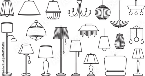Various lamps and chandeliers depicted in black and white line art lighting illumination
