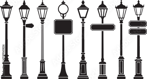 Vintage street lamps and signs silhouette collection lampposts