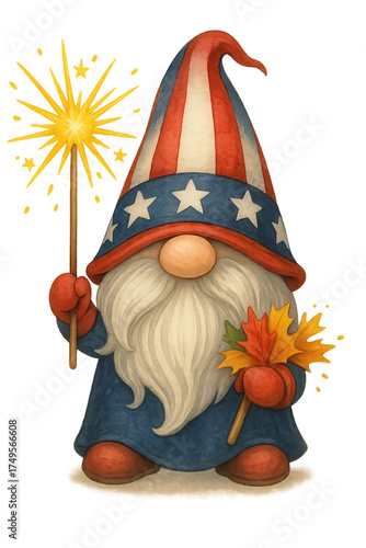 Festive Gnome with Stars and Stripes Hat Holding Sparkler and Autumn Leaves