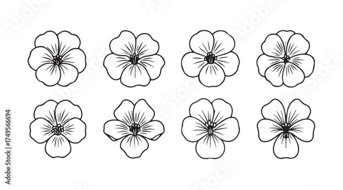 Collection of eight delicate hand-drawn floral blossoms with artistic sketchy lines and natural organic outlines vector