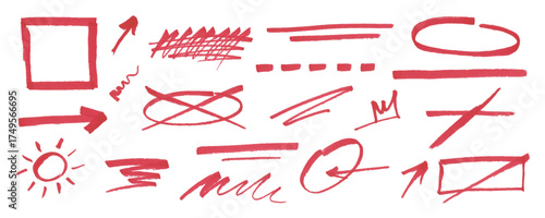 Collection of red marker lines for underlining and highlighting text. Hand drawn texture scribble pen stroke. Curved doodles for design sketch, banner, collage and note.