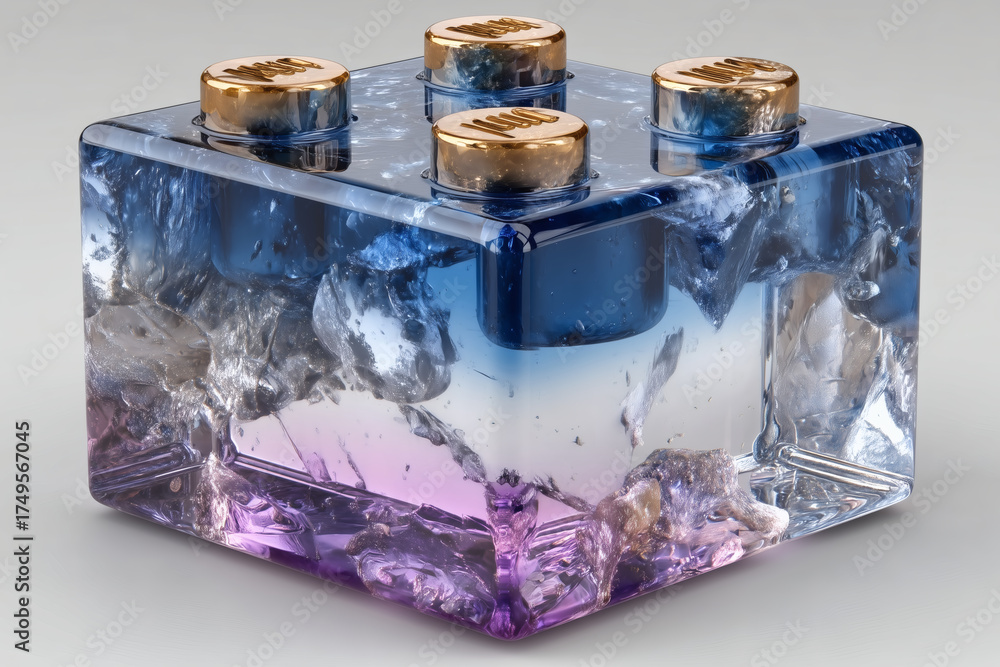Fototapeta premium Futuristic cube made of transparent glass with golden studs and frozen textures inside, shimmering blue and violet gradient, hyperrealistic 3D render, modern abstract art object