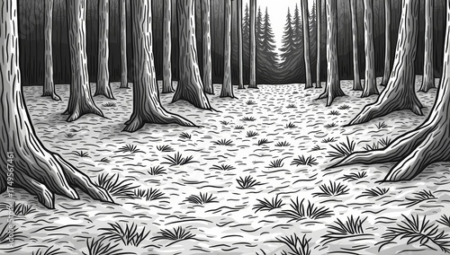 Black and white forest landscape with tall trees and clear path  