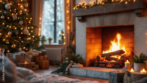 Cozy Christmas Eve - Fireplace, Tree, and Gifts for a Festive Holiday.