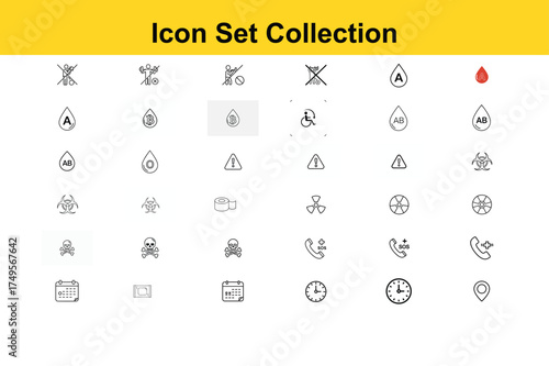 Diverse collection of modern icons depicting health, safety, medical, and time-related symbols for clear communication and design