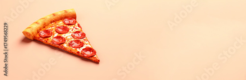 close up of a perfectly melted, cheesy pizza slice. pizza slice close up copy space beige background. beige background pizza slice food close up ad