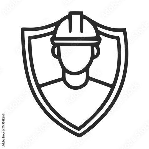 Handmade Safety Engineer Protection Icon – Construction Worker in Hard Hat Inside Shield Symbol Vector