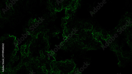 Dark abstract background featuring glowing green electric veins and smoky patterns on black surface, creating a mysterious and futuristic digital energy texture with neon fractal flow effects