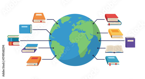 Illustration of a globe surrounded by books, symbolizing global knowledge and learning.