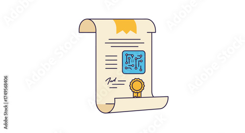 Illustration of a certificate with a circuit board design on it.